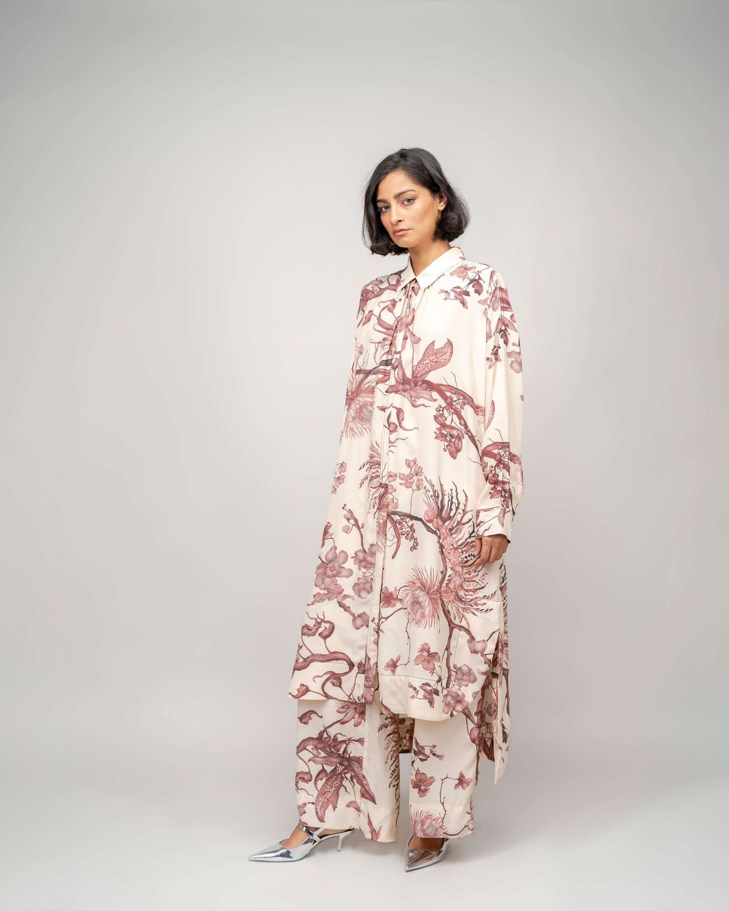 Garden Print High Low Shirt Dress In Apricot